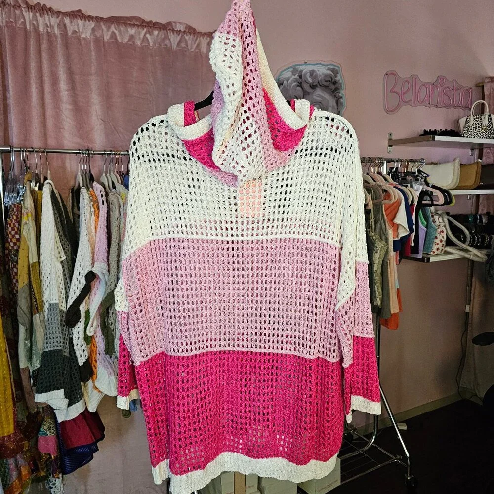 UST2 POL Open Weave Crochet Sweater Cover Up Hoodie Pinks - Picture 3 of 3